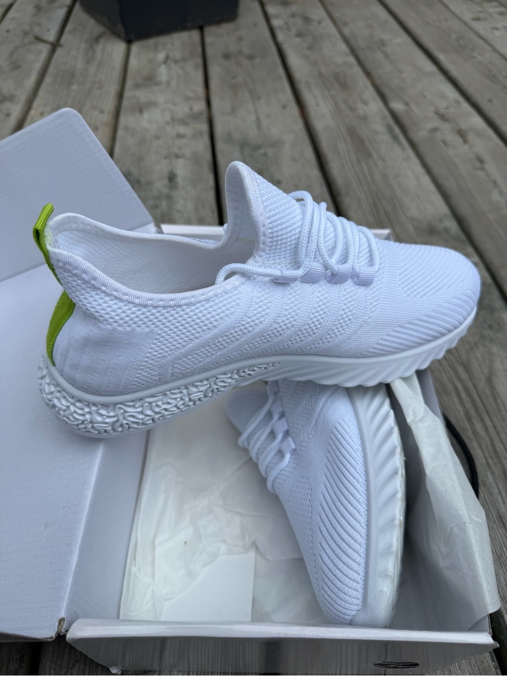 Penningtons White Knit Sneakers with Lime Heel Tab